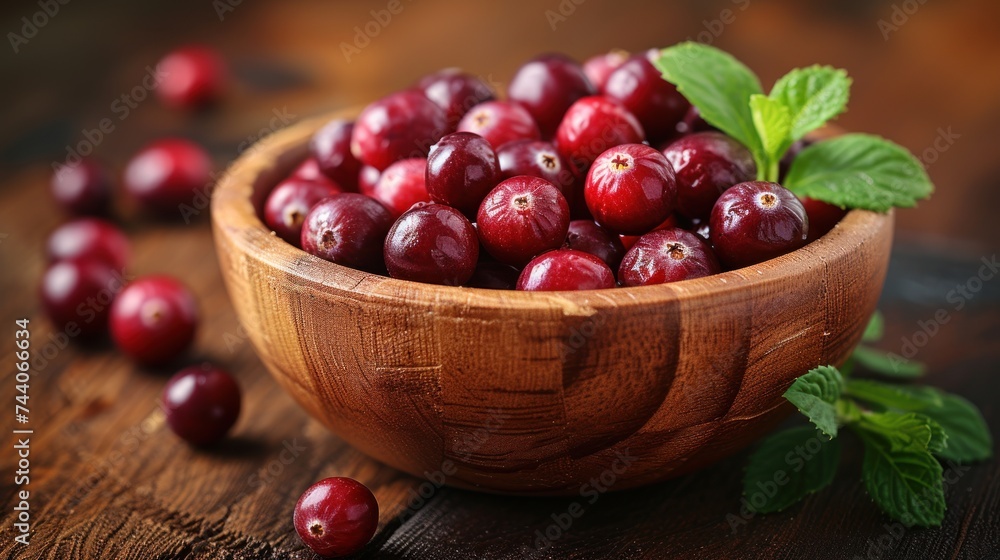 a wooden bowl filled with fresh cranberries on top of a wooden table next to a leafy green sprig of mint on top of a wooden table. a wooden bowl filled with fresh cranberries on top of a wooden table next to a leafy green sprig of mint on top of a wooden table.