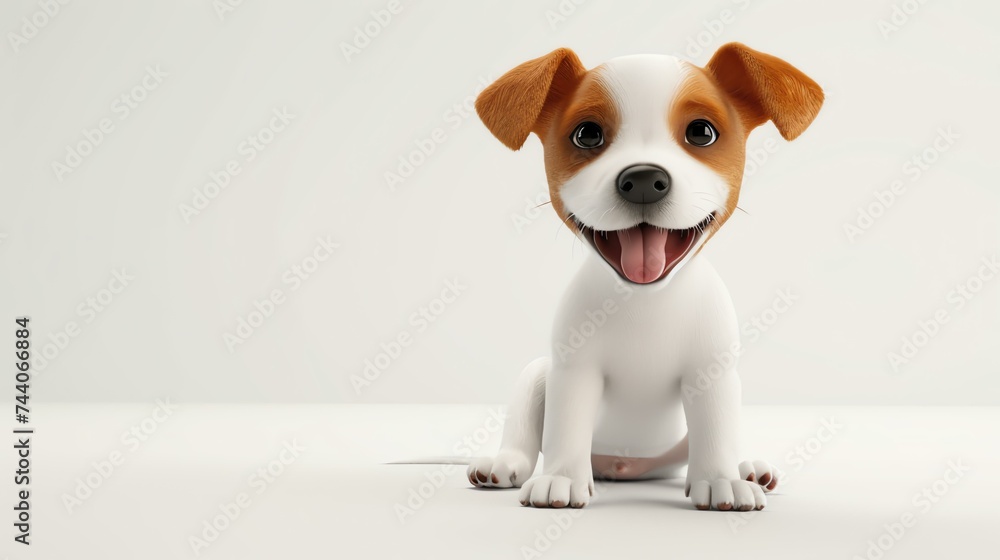 Cute puppy sitting down with a happy expression on its face. The puppy is white and brown, with short fur and a long tail. - obrazy, fototapety, plakaty 
