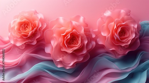  a group of three pink roses sitting on top of a pink and blue wave of liquid liquid in front of a pink and blue background with a red rose in the center.