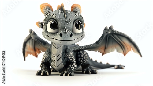 Cute and friendly 3D rendered dragon with big eyes. The dragon has grey and orange scales and is sitting on a white background.