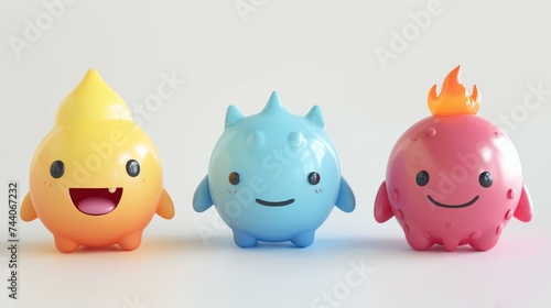3D rendering of three cute and colorful cartoon characters.