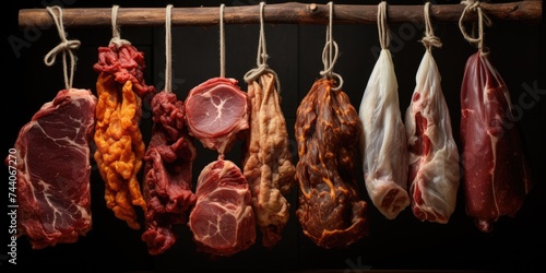 Traditional preparation of dried meat. Pieces of old meat on a wooden rack. Generative AI