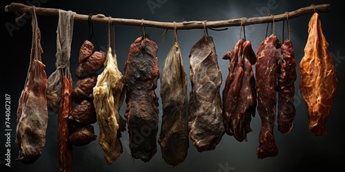 Traditional preparation of dried meat. Pieces of old meat on a wooden rack. Generative AI