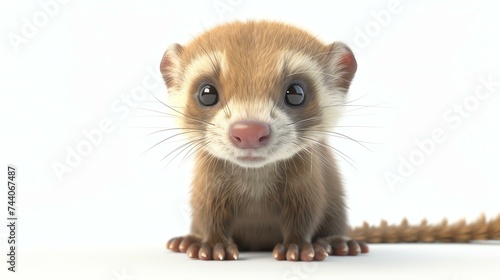 A cute and cuddly ferret with big, round eyes and a long tail. It is sitting up on its haunches and looking at the camera with a curious expression.