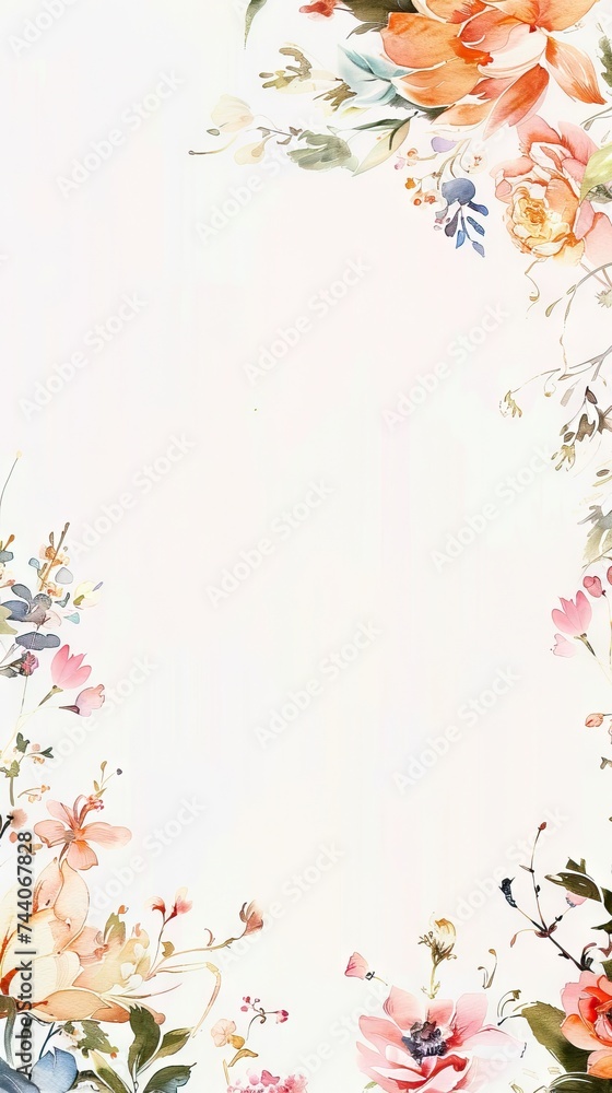 Floral frame. Bright summer flowers arrange in border on white background. AI generated illustration Floral frame. Bright summer flowers arrange in border on white background. AI generated illustration