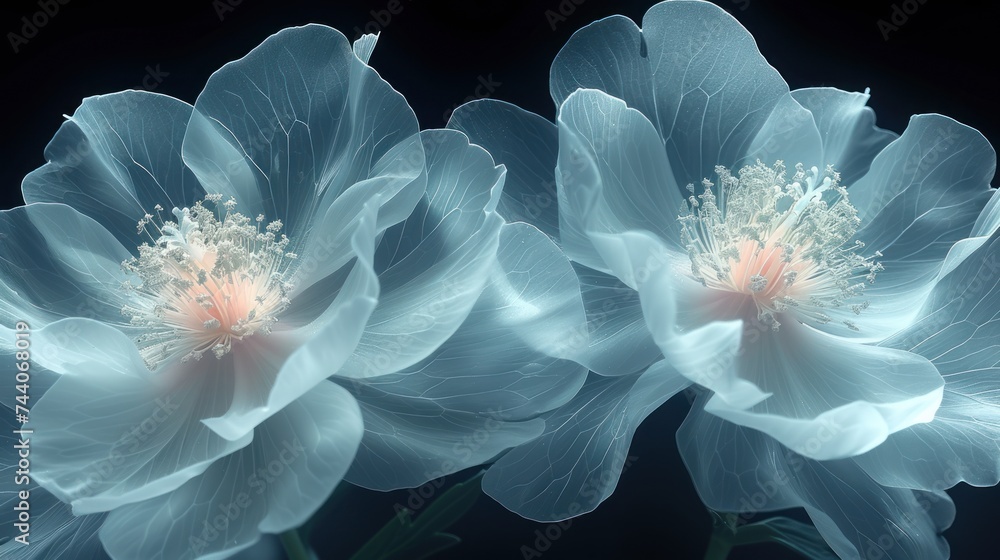 a close up of two blue flowers on a black background with a blurry image of the center of the flower and the center of the flower in the middle of the flower. a close up of two blue flowers on a black background with a blurry image of the center of the flower and the center of the flower in the middle of the flower.