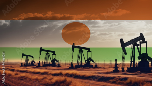 Oil production in the Niger. Oil platform on the background of the Niger flag. Niger flag and oil rig. Niger fuel market.