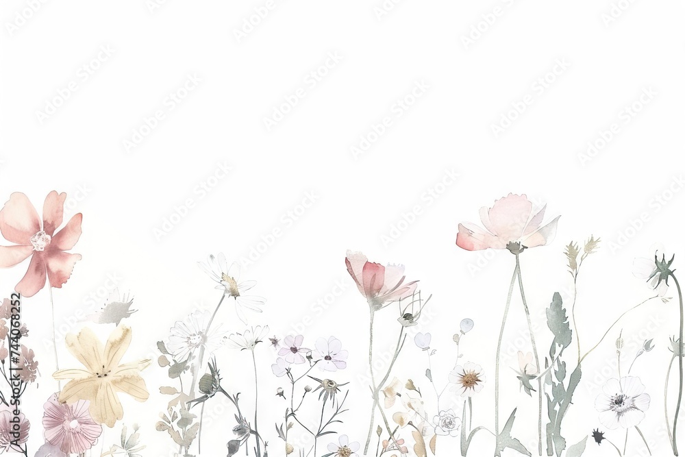 Floral frame. Bright summer flowers arrange in border on white background. AI generated illustration