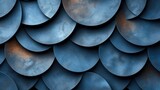  a close up of a blue wall with a bunch of metal discs on it's sides and a red spot in the middle of the middle of the wall.
