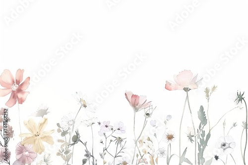 Floral frame. Bright summer flowers arrange in border on white background. AI generated illustration