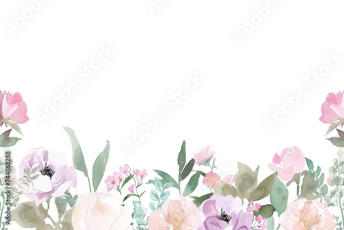 Floral frame. Bright summer flowers arrange in border on white background. AI generated illustration