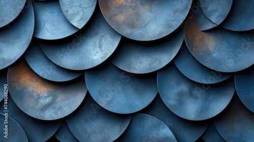  a close up of a blue wall with a bunch of metal discs on it's sides and a red spot in the middle of the middle of the wall. photo