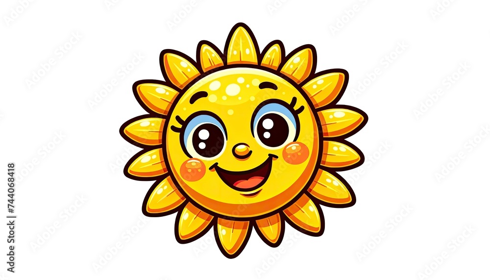 A cheerful sun with bright yellow rays, expressive eyes, and a wide grin, perfect for children's materials or lighthearted designs. AI Generated