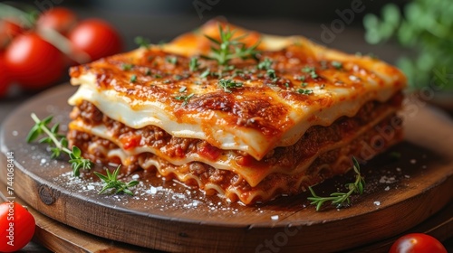  a close up of a plate of lasagna on a table with tomatoes and parmesan cheese on the top of the lasagna and on the bottom of the plate.