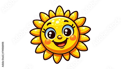 A cheerful sun with bright yellow rays, expressive eyes, and a wide grin, perfect for children's materials or lighthearted designs. AI Generated