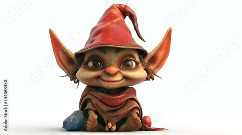 Little red hat elf sitting on a rock. He has big ears and a friendly smile. He is wearing a brown cloak.