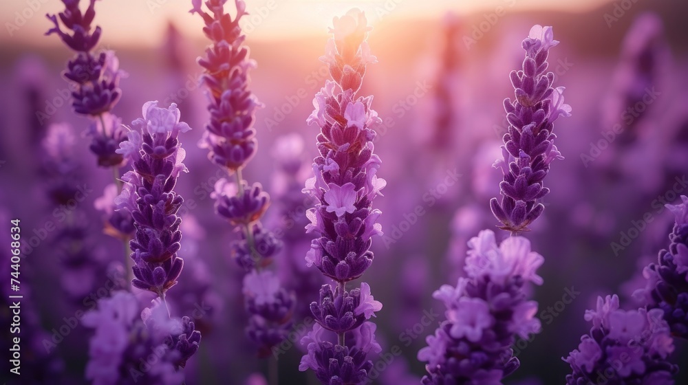 a field of lavender flowers with the sun setting in the backgrounnd of the field in the distance, with a blurry background of the field of lavender flowers in the foreground. a field of lavender flowers with the sun setting in the backgrounnd of the field in the distance, with a blurry background of the field of lavender flowers in the foreground.