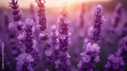  a field of lavender flowers with the sun setting in the backgrounnd of the field in the distance  with a blurry background of the field of lavender flowers in the foreground.