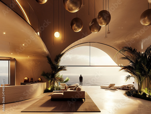 An elegant interior with floor-to-ceiling windows, spherical pendant lights, modern furniture, and a serene view of nature and water.