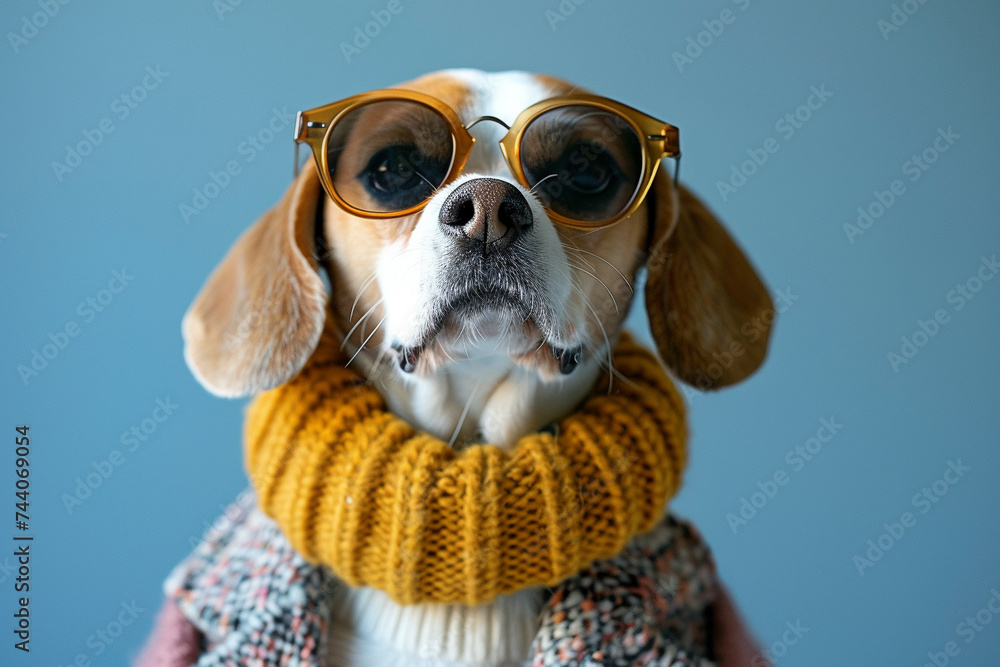 Beagle wearing clothes and sunglasses on Blue background