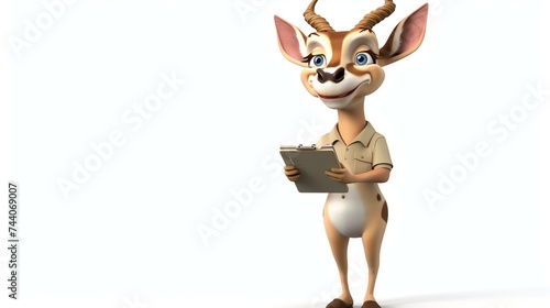 A cartoon image of a happy and friendly antelope wearing a safari outfit and holding a clipboard.