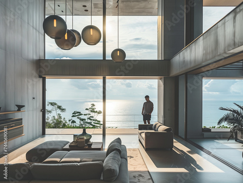 An elegant interior with floor-to-ceiling windows, spherical pendant lights, modern furniture, and a serene view of nature and water.
