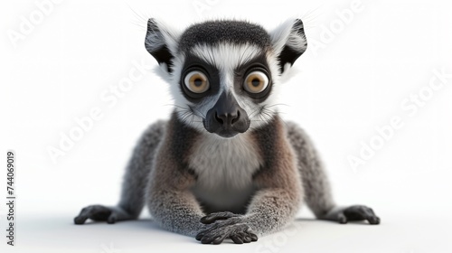 A cute and adorable lemur with big eyes is sitting on a white background. The lemur is looking at the camera with a curious expression.