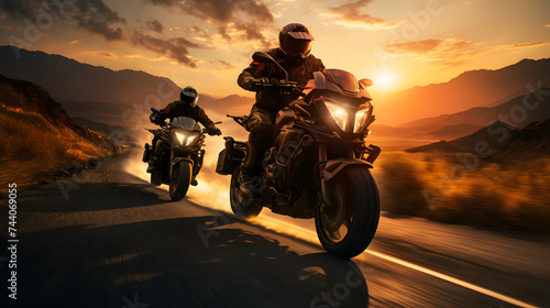 four motorcycle riders on the road at sunset on a bike