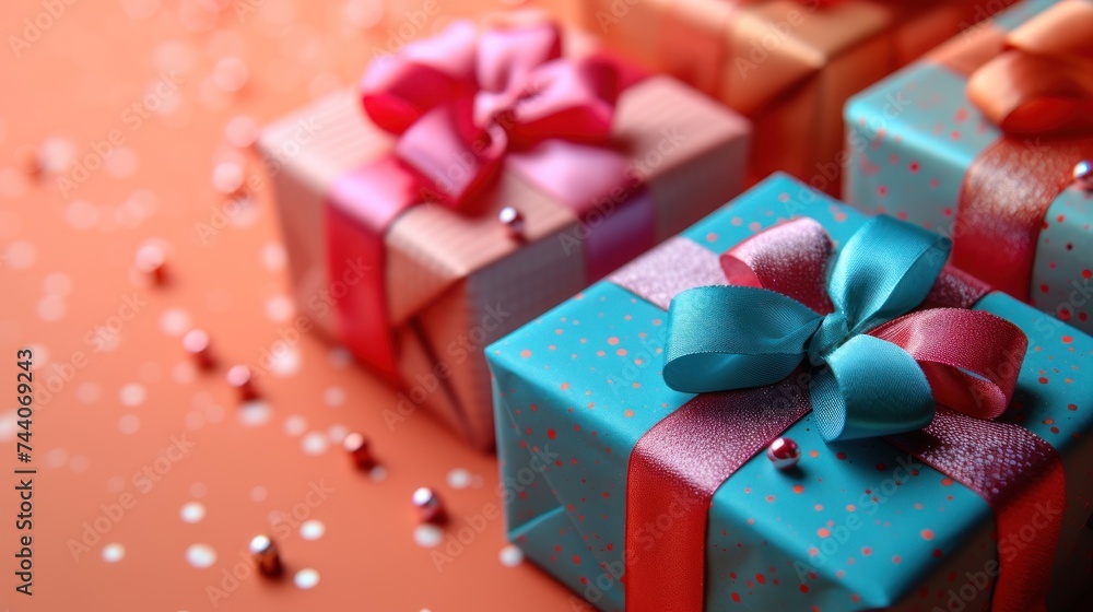 a close up of two gift boxes with bows on them and confetti sprinkles on the side of the box and on the other side of the box. a close up of two gift boxes with bows on them and confetti sprinkles on the side of the box and on the other side of the box.