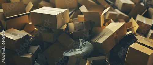 Scattered cardboard boxes in warehouse, symbolizing logistic challenges or disorder.
