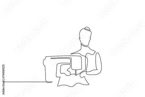 woman working sewing machine one line art design
