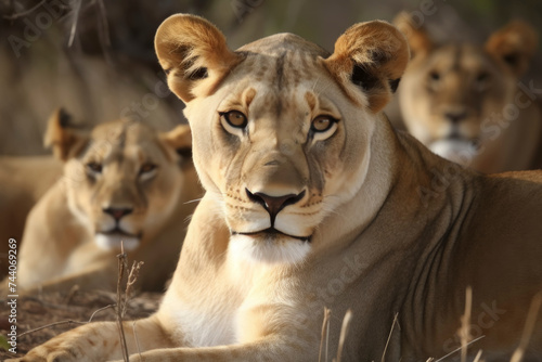 Adult lioness and cub resting in natural habitat © spyrakot