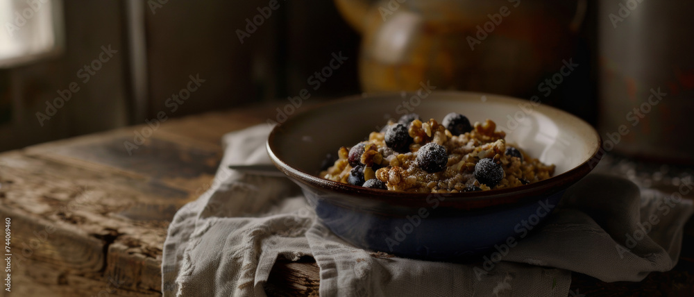 Rustically styled oatmeal with berries in a ceramic bowl, a cozy and appetizing breakfast scene. Rustically styled oatmeal with berries in a ceramic bowl, a cozy and appetizing breakfast scene.