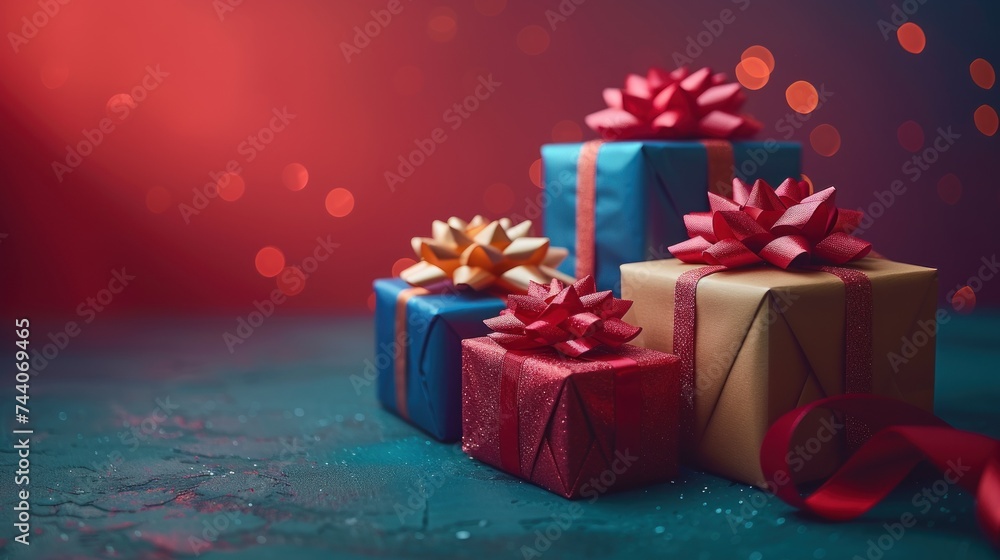 a group of three wrapped presents sitting on top of a table next to a red and blue gift box with a red ribbon on the top of the gift box.