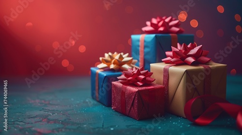  a group of three wrapped presents sitting on top of a table next to a red and blue gift box with a red ribbon on the top of the gift box. © Nadia