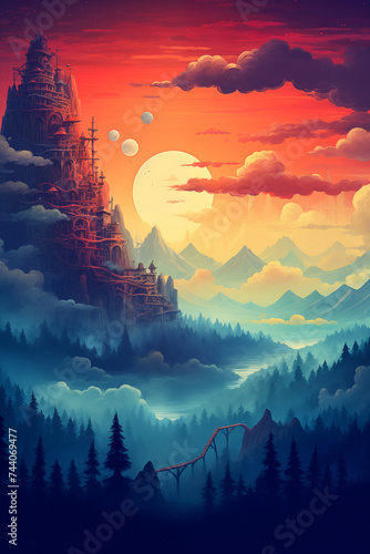 depicts a breathtaking landscape scene at sunset with towering mountains and a vibrant, multicolored sky. photo
