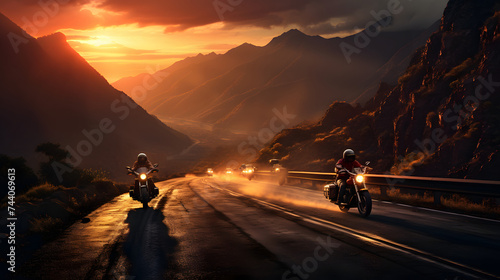 motorcycle riders down a mountain road at sunset