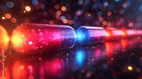  a close up of a row of police batons on a table with a blurry background of boke of lights and boke lights in the foreground. photo