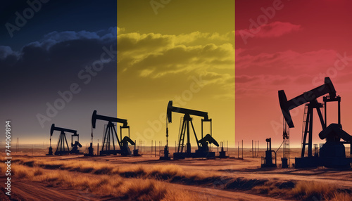 Oil production in the Romania. Oil platform on the background of the Romania flag. Romania flag and oil rig. Romania fuel market.
