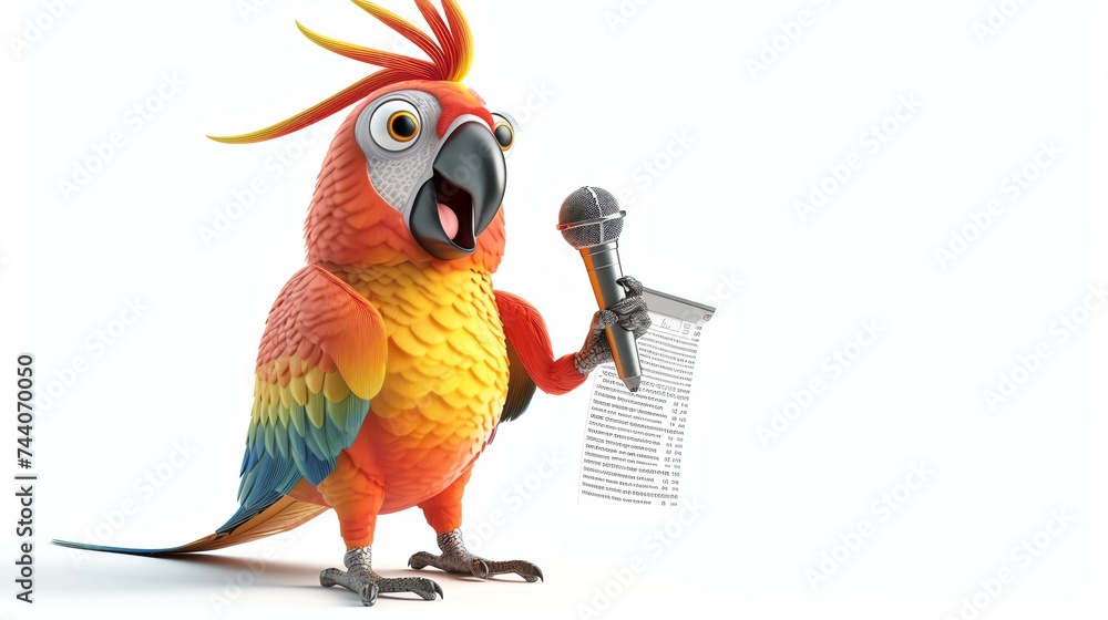 A cartoon parrot is holding a microphone and reading from a paper. The parrot is standing on a white background. - obrazy, fototapety, plakaty 