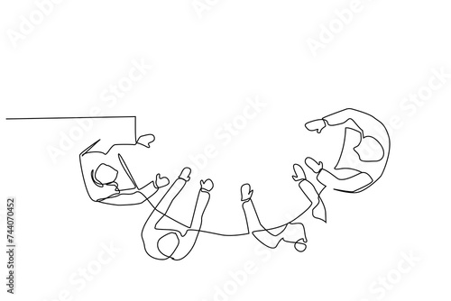 people business finance office employees meeting table analysis overhead top view one line art design
