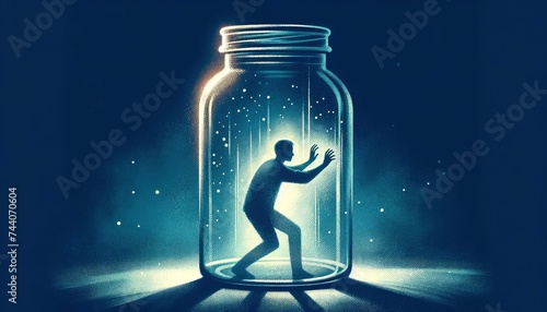 An illustration depicting a person trapped inside a glass jar, symbolizing feelings of confinement and the emotional constraints of depression. AI Generative