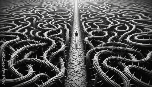 A powerful visual metaphor of a person standing at the center of a maze of twisted, thorny vines, representing the challenges and uncertainties faced when dealing with depression. AI Generative photo