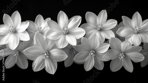  a group of white flowers sitting next to each other on a black background with a reflection of the flowers on the bottom of the picture and bottom half of the picture.