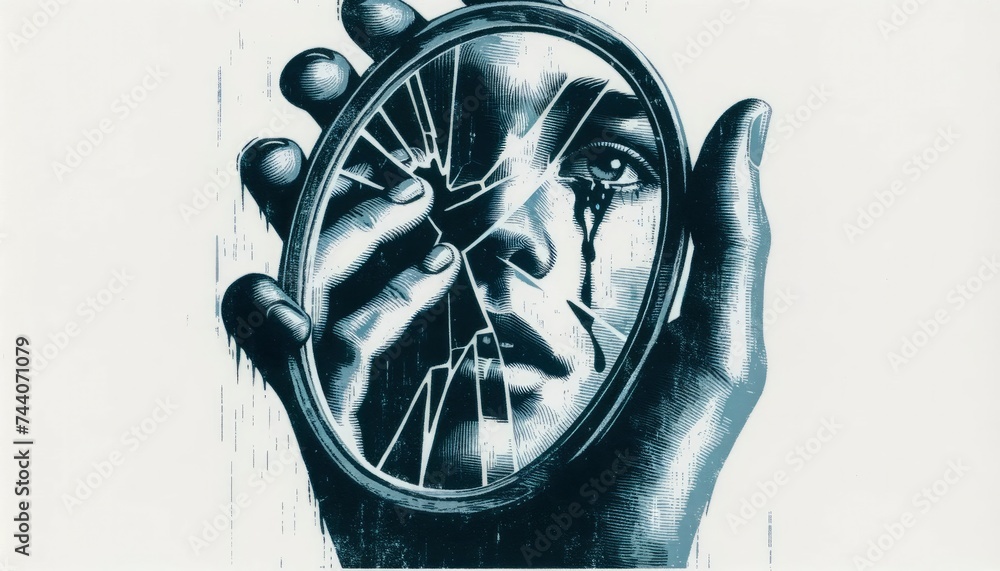 A depiction of a hand holding a broken mirror, where the shattered reflection shows glimpses of a somber face. AI Generative - obrazy, fototapety, plakaty 