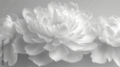  a group of white flowers sitting on top of a white counter top in front of a gray wall with a black and white photo of the flowers in the middle. © Nadia