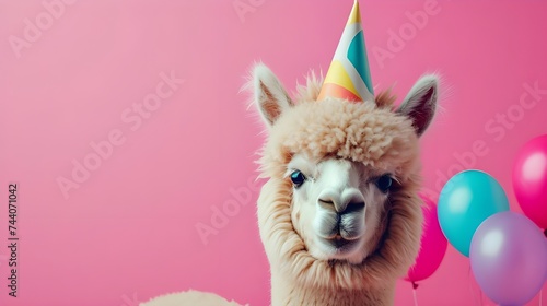 Creative animal concept. Alpaca in party cone hat outfit isolated on solid pastel background advertisement, copy text space. birthday party invite invitation © Muzikitooo