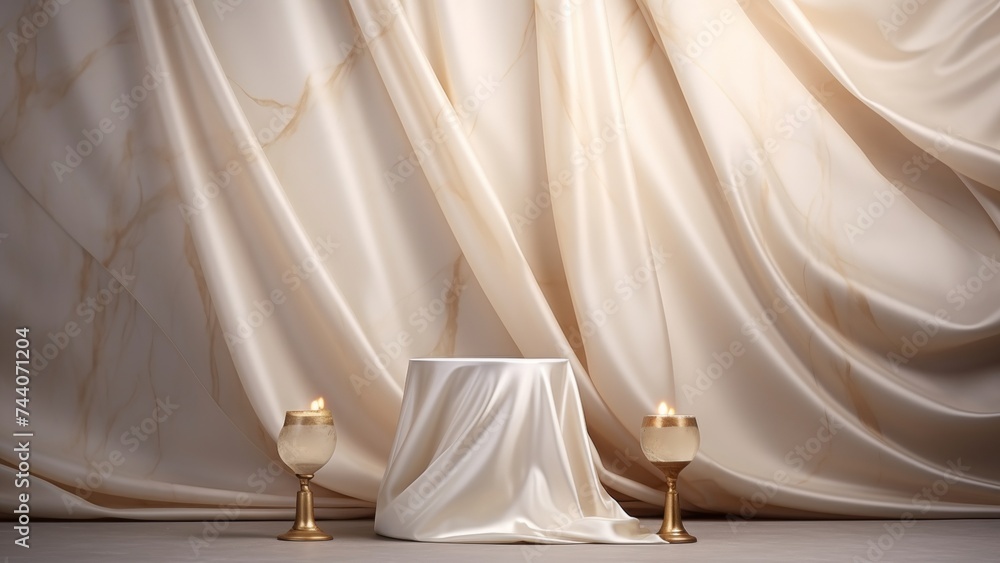 Podium with silver silk cloth with beige drapes in backdrop, Premium showcase mockup template for Beauty, Cosmetic, Luxury products, with copy space for text Podium with silver silk cloth with beige drapes in backdrop, Premium showcase mockup template for Beauty, Cosmetic, Luxury products, with copy space for text