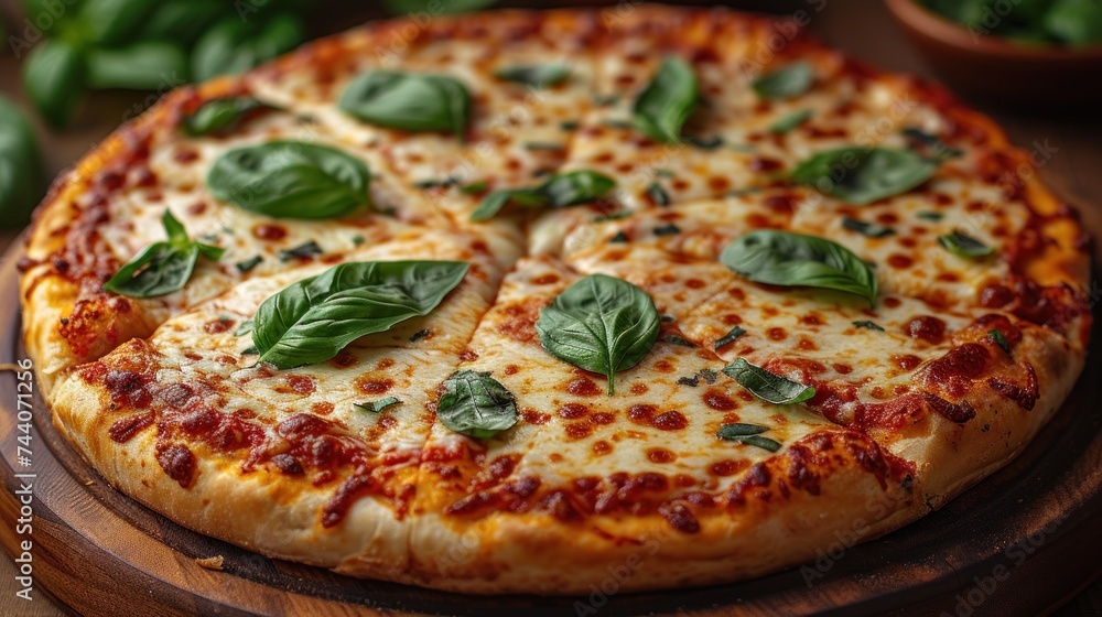 a pizza sitting on top of a wooden platter covered in cheese and green leafy toppings on top of a wooden table next to a bowl of basil leaves. a pizza sitting on top of a wooden platter covered in cheese and green leafy toppings on top of a wooden table next to a bowl of basil leaves.