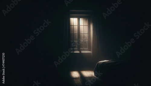 A dimly lit room with a single window, where raindrops streak the pane, creating a melancholic atmosphere. AI Generated